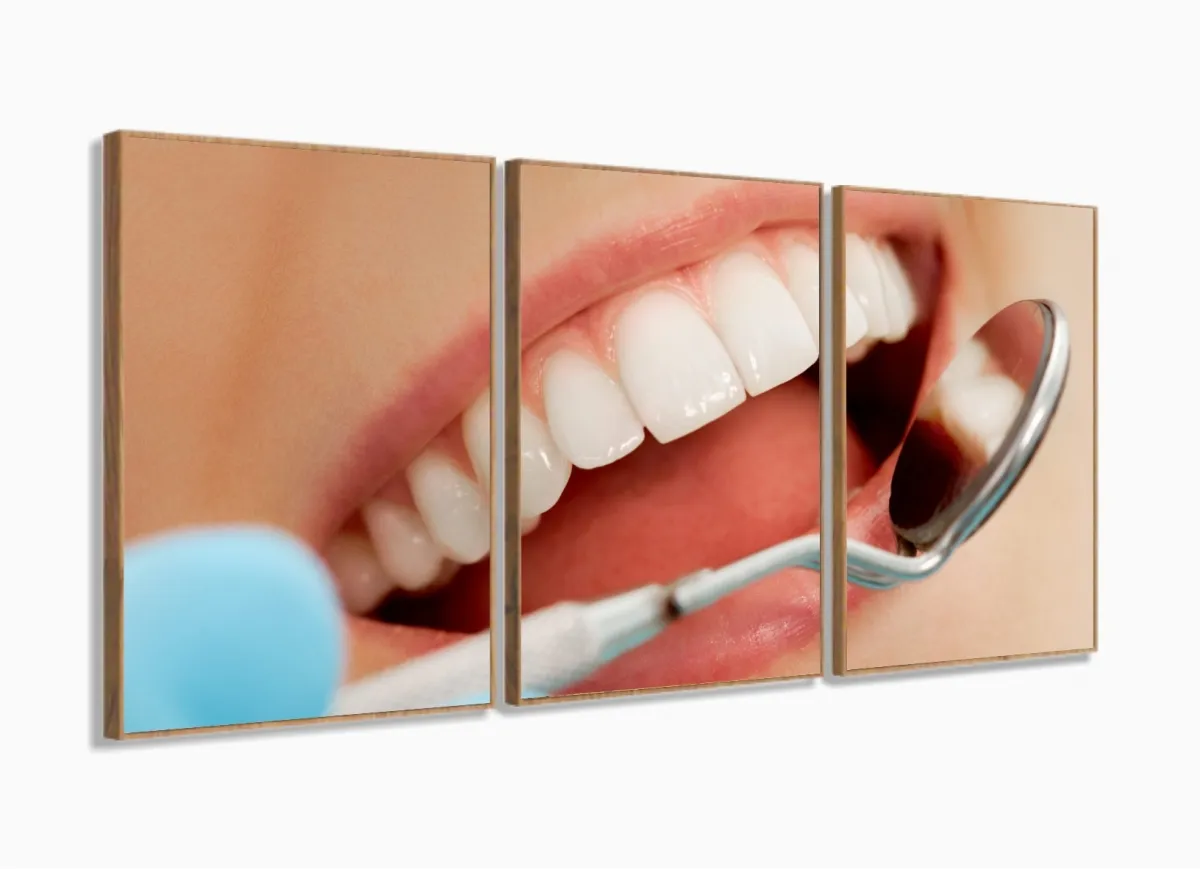 Quadro Em Tecido Odontologia Decorativo Sorriso Espelho 3 peças com moldura filete Imagem