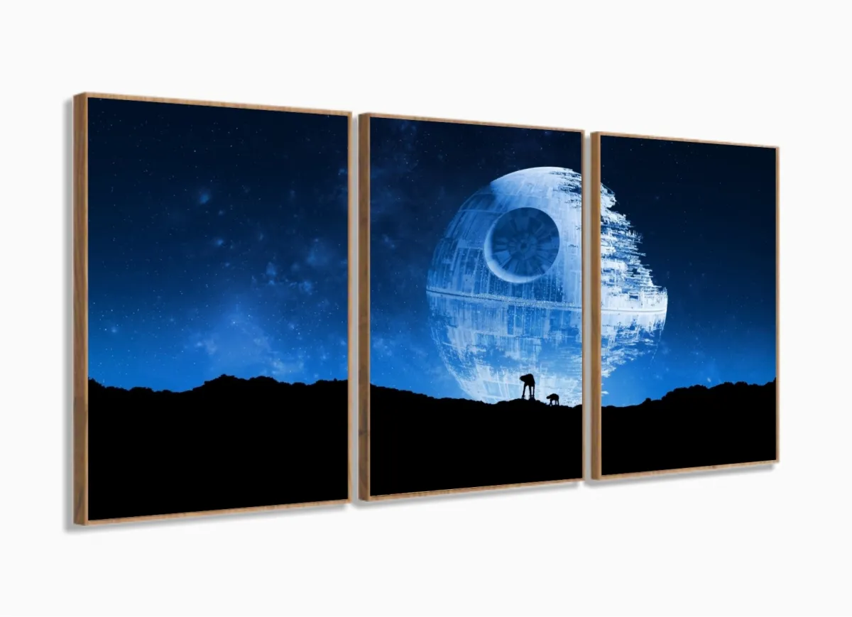 Quadro Decorativo - Star Wars Estrela da Morte -120x60 em tecido 3 peças com moldura filete Imagem