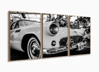 Quadro Decorativo 3 peças Carro Antigo Preto e Branco 120x60 com moldura filete