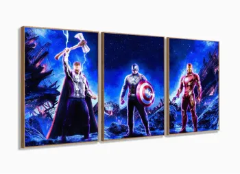 Quadro Decorativo Avengeres 3 peças 120x60 cm em tecido com moldura filete