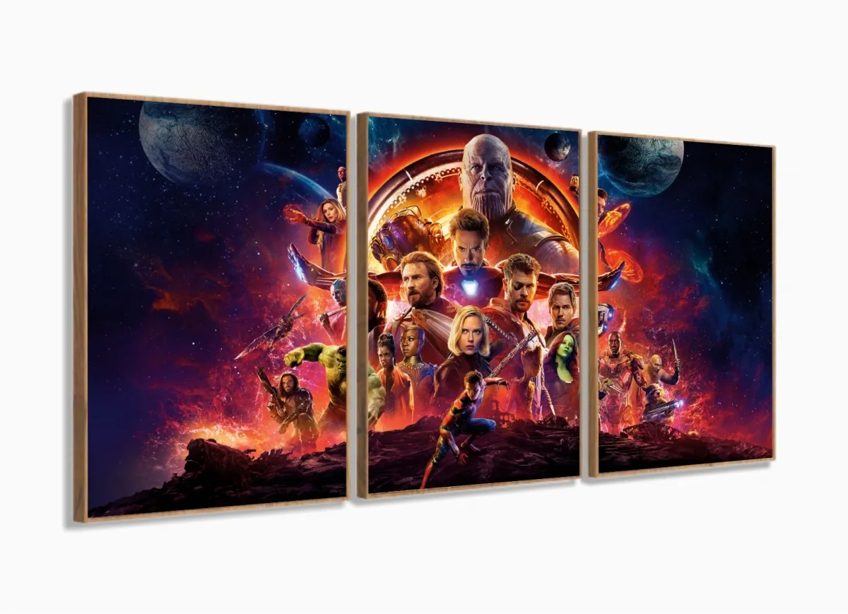 Quadro Decorativo Avengers 8 3 Peças 120x60 em tecido com moldura filete Imagem