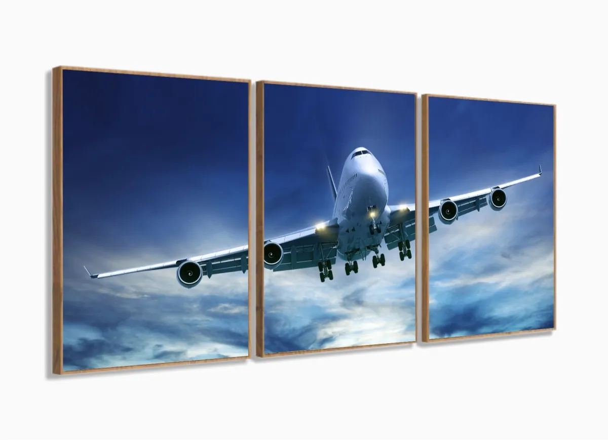 Quadro Decorativo Avião Aviação Céu Em Tecido 3 Peças 120x60 com moldura filete Imagem
