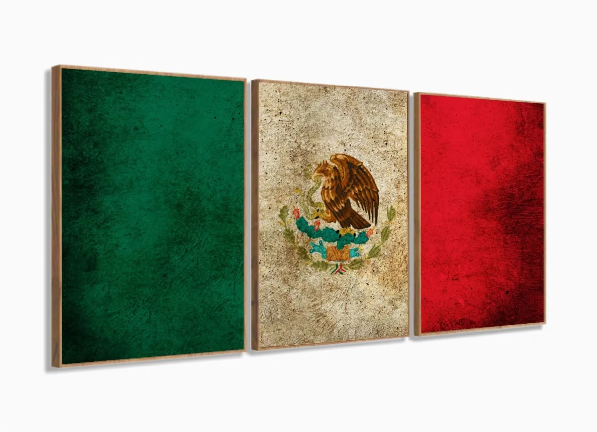 Quadro Decorativo Bandeira México Vintage Mosaico 120x60 3 peças com moldura filete Imagem
