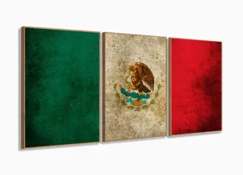 Quadro Decorativo Bandeira México Vintage Mosaico 120x60 3 peças com moldura filete