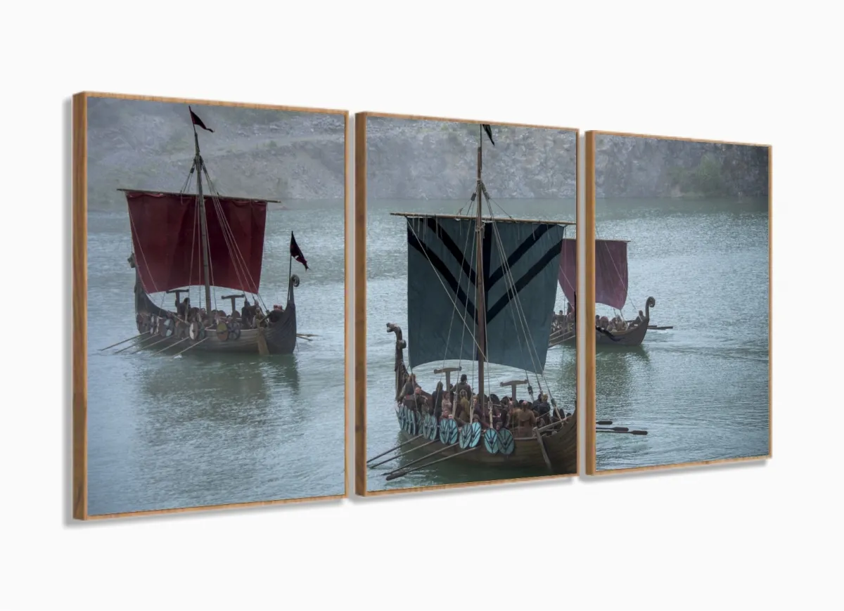 Quadro Decorativo Barco Da Série Vikings Sala Tecido 3 Peças com moldura filete Imagem