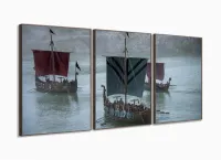 Quadro Decorativo Barco Da Série Vikings Sala Tecido 3 Peças com moldura filete - Foto 2