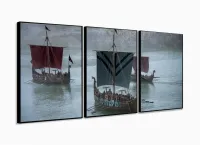 Quadro Decorativo Barco Da Série Vikings Sala Tecido 3 Peças com moldura filete - Foto 3