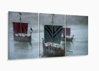 Quadro Decorativo Barco Da Série Vikings Sala Tecido 3 Peças com moldura filete - Foto 5
