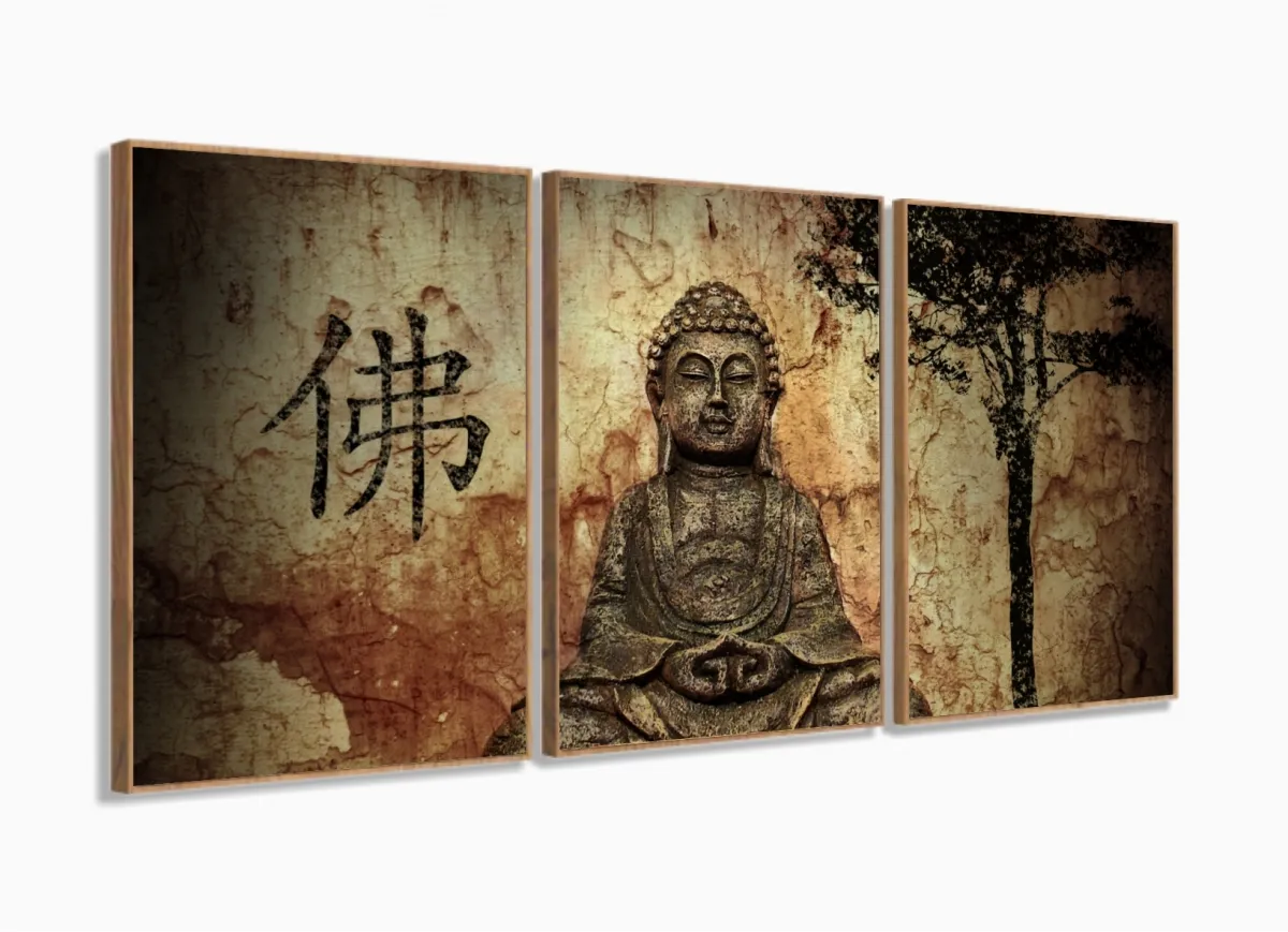 Quadro Decorativo Buda Marron Celestial 120x60 3 peças com moldura filete Imagem