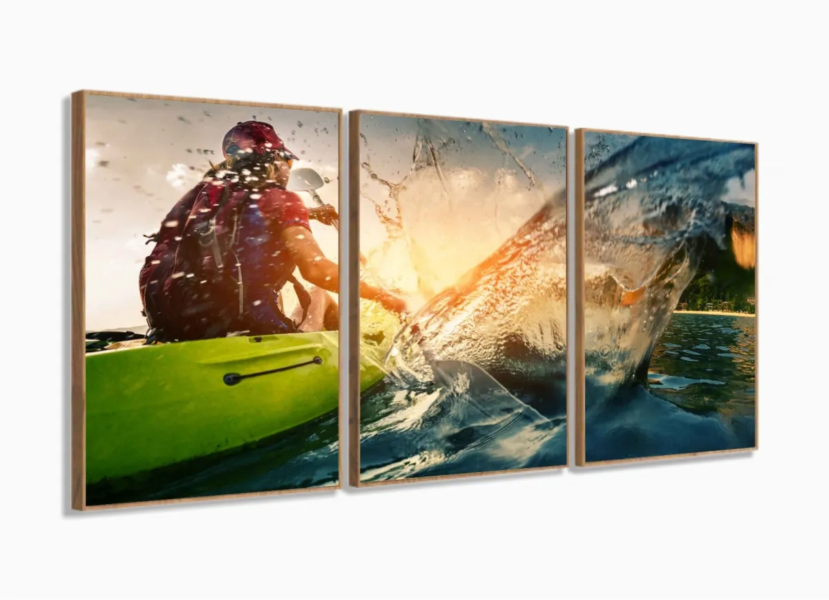 Quadro Decorativo Caiaque 3 Partes 120x60 mosaico com moldura filete Imagem