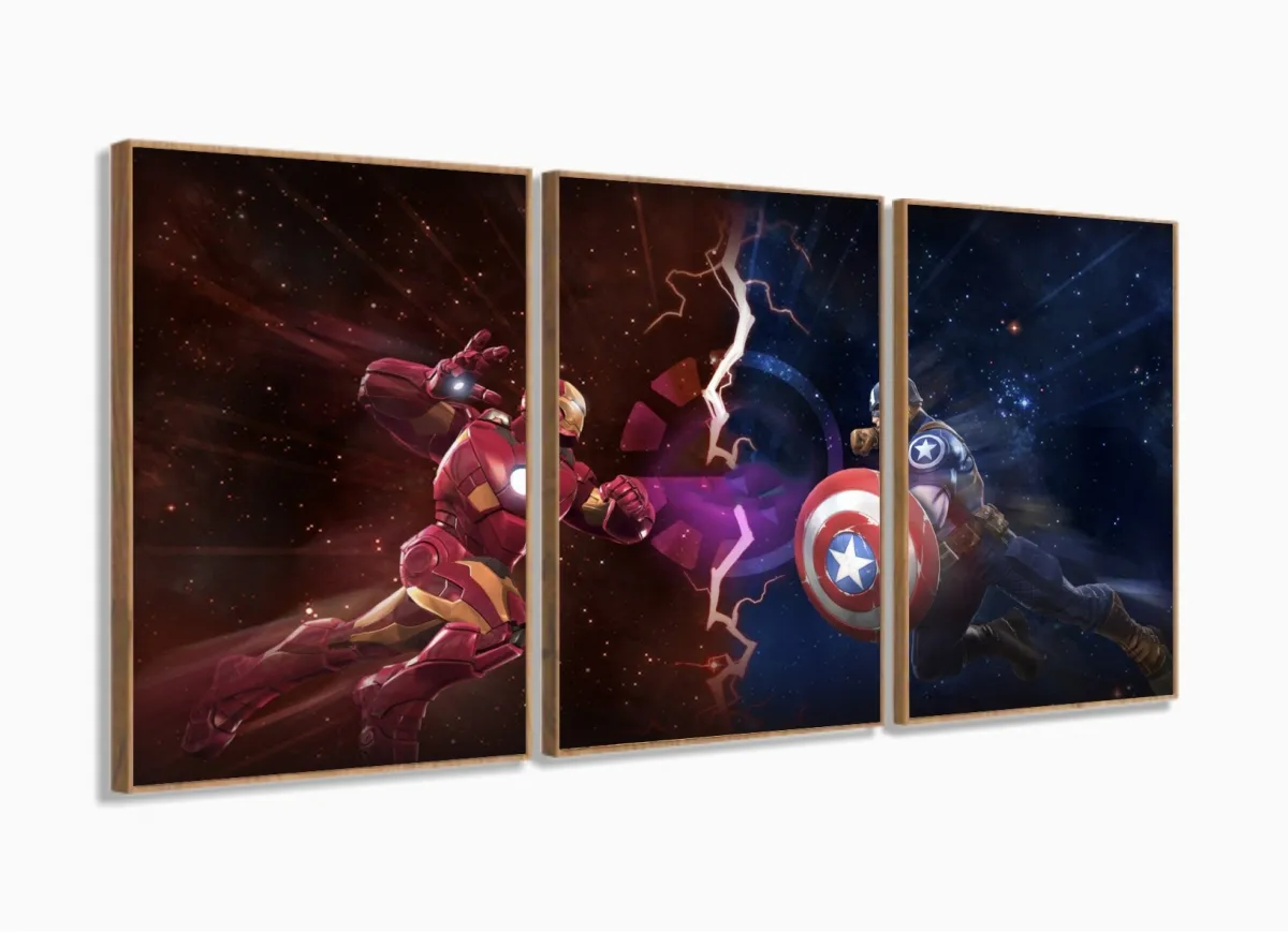 Quadro Decorativo Capitao America Guerra Civil 120x60 3 peças com moldura filete Imagem