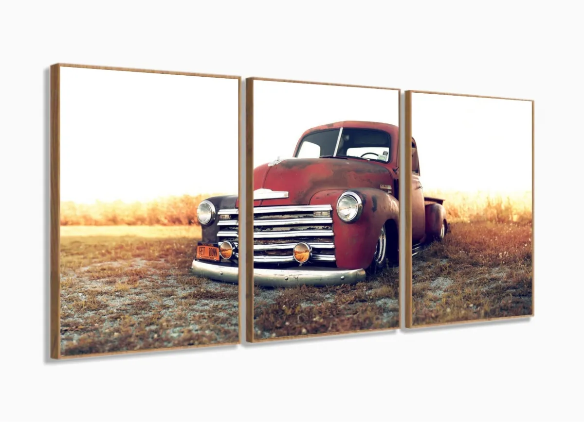 Quadro Decorativo Carro Antigo Retro 120x60 em tecido 3 peças com moldura filete Imagem