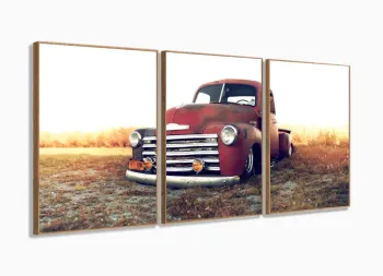 Quadro Decorativo Carro Antigo Retro 120x60 em tecido 3 peças com moldura filete