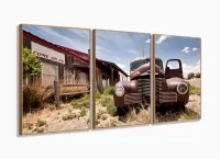 Quadro Decorativo Carro Antigo Sala Em Tecido 120x60 3 peças com moldura filete