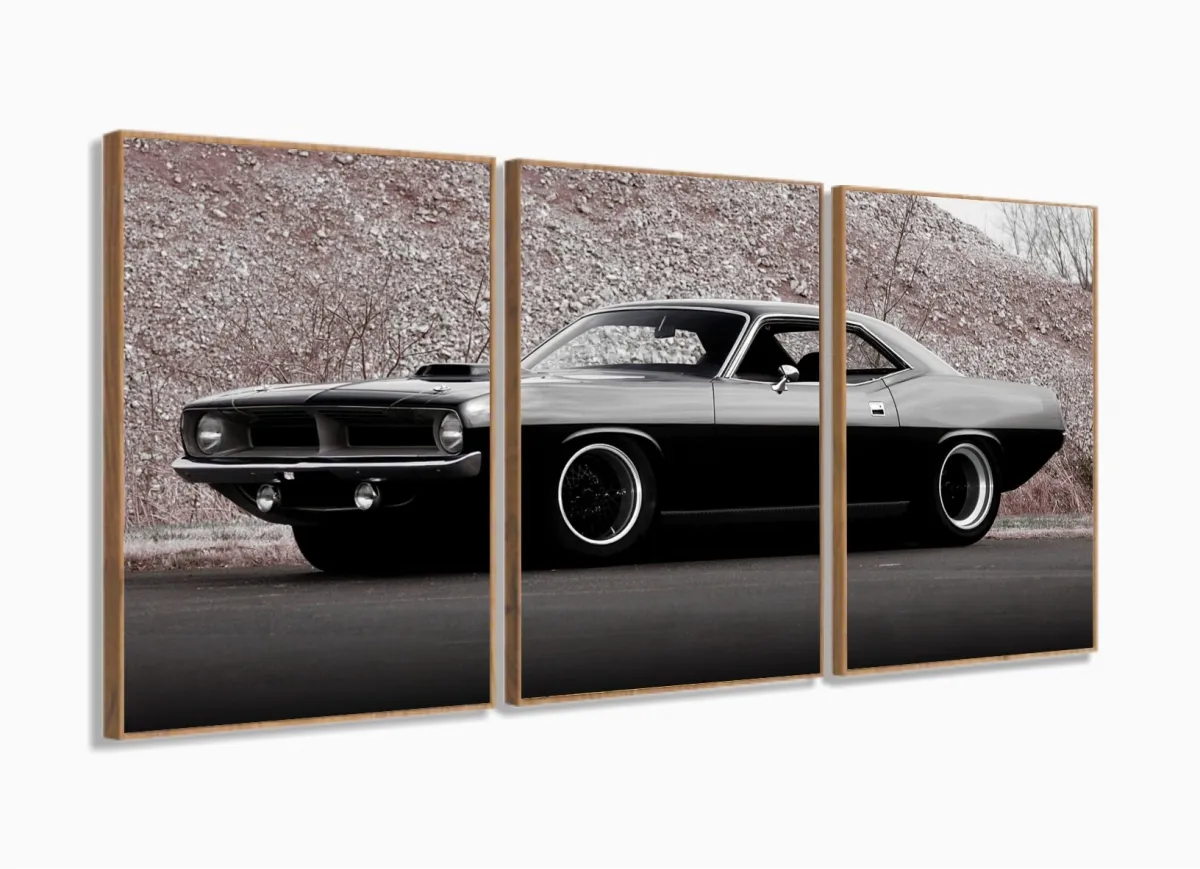 Quadro Decorativo Carro Charger 120x60 3 peças em tecido com moldura filete Imagem