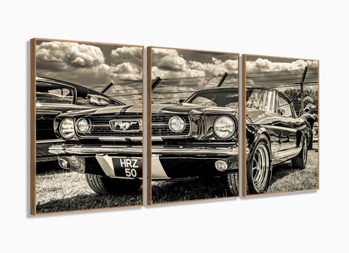 Quadro Decorativo Carro Retro 3 partes 120x60 em tecido com moldura filete Imagem