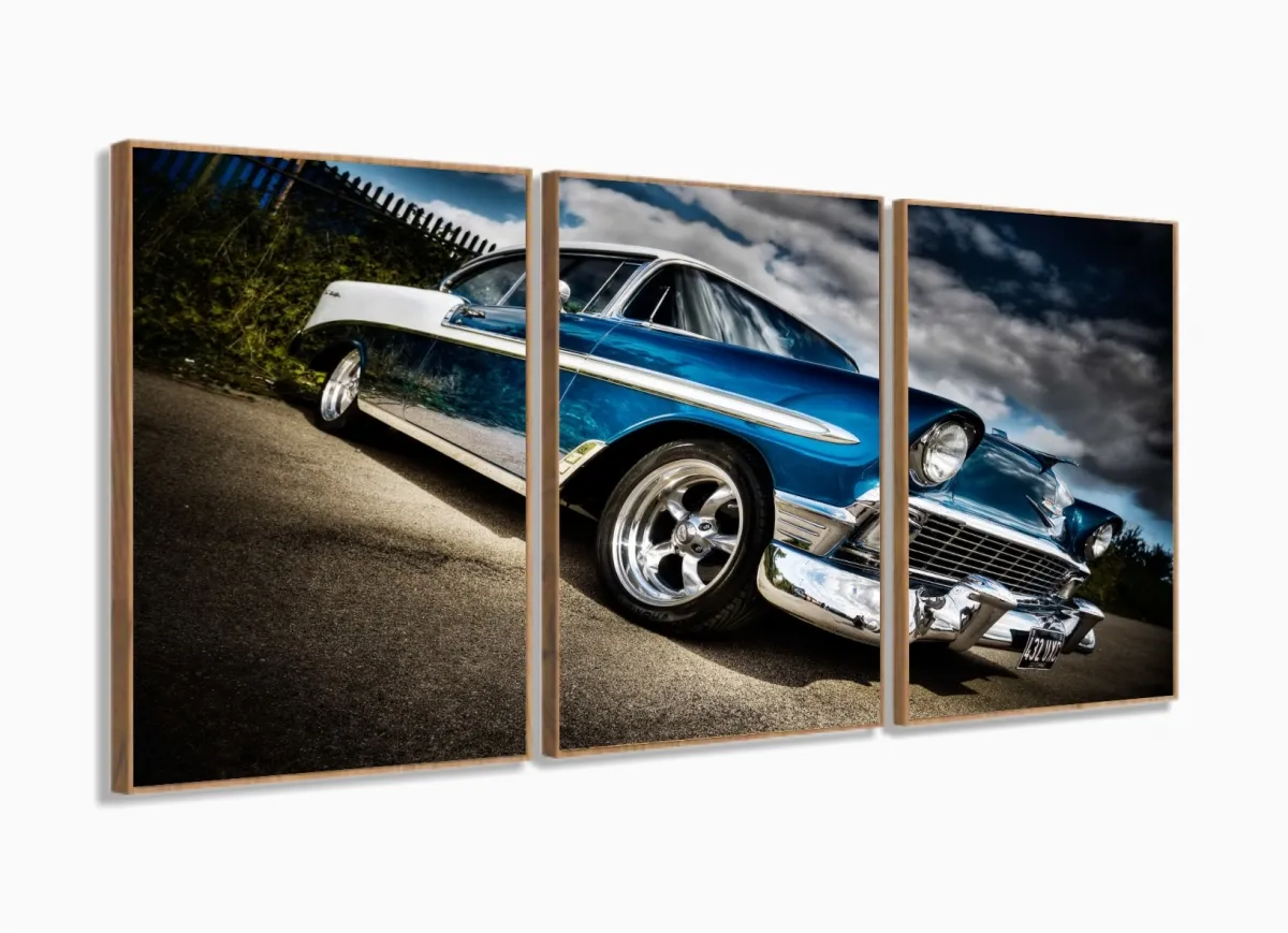 Quadro Decorativo Carro Vintage 3 Partes 120x60 com moldura filete Imagem