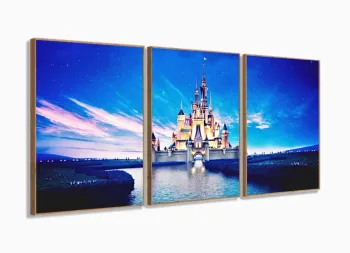 Quadro Decorativo Castelo Disney Lago 120x60 em tecido 3 peças com moldura filete