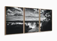 Quadro Decorativo Cataratas Do Iguaçu Preto E Branco - 3 peças 120x60 em tecido com moldura filete
