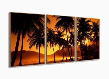 Quadro Decorativo coqueiros Por do Sol 120x60 3 peças com moldura filete