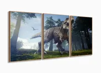 Quadro Decorativo Dinossauro 3 peças em tecido com moldura filete