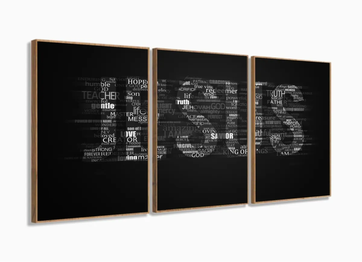 Quadro Decorativo Escrita Jesus Preto Branco 120x60 mosaico 3 peças em tecido com moldura filete Imagem