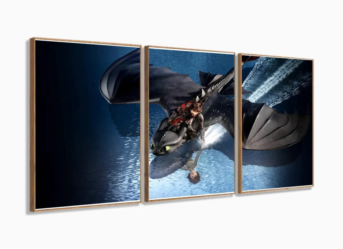 Quadro Decorativo Filme Como Treinar O Seu Dragao2 3 Peças com moldura filete Imagem