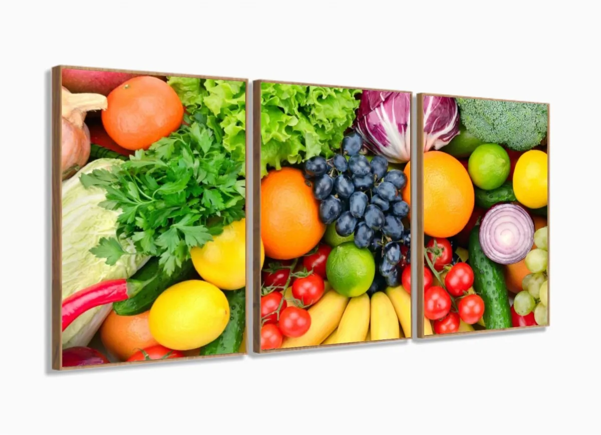Quadro Decorativo Frutas E Legumes 120x60 3 peças com moldura filete Imagem