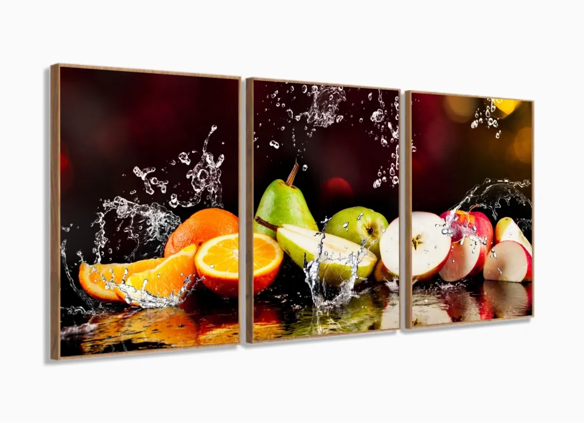 Quadro Decorativo Frutas Na Água 3 Peças 120x60 em tecido com moldura filete Imagem