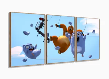 Quadro Decorativo Grizzy e os Lemmings 2 120x60 3 peças em tecido com moldura filete