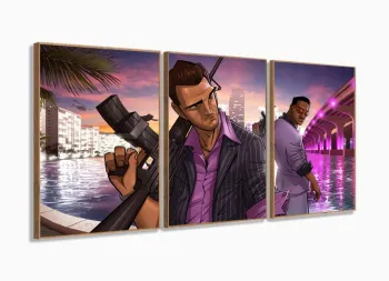 Quadro Decorativo GTA com 3 peças 125x60 com moldura filete