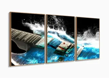 Quadro Decorativo Guitarra 3 partes 120x60  em tecido com moldura filete