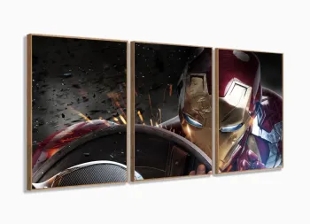 Quadro Decorativo Homem de Ferro 8 3 peças 120x60  cm em tecid com moldura filete