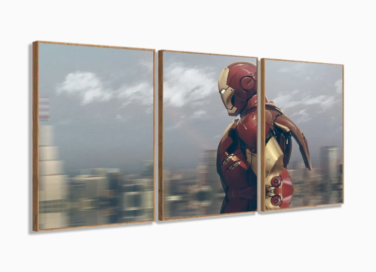 Quadro Decorativo Homem de ferro A 3 peças 120x60  cm em tec com moldura filete Imagem