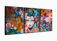 Quadro Decorativo Japonesa Art Japão 3 peças 120x60 sala quarto com moldura filete - Foto 3