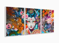 Quadro Decorativo Japonesa Art Japão 3 peças 120x60 sala quarto com moldura filete - Foto 4