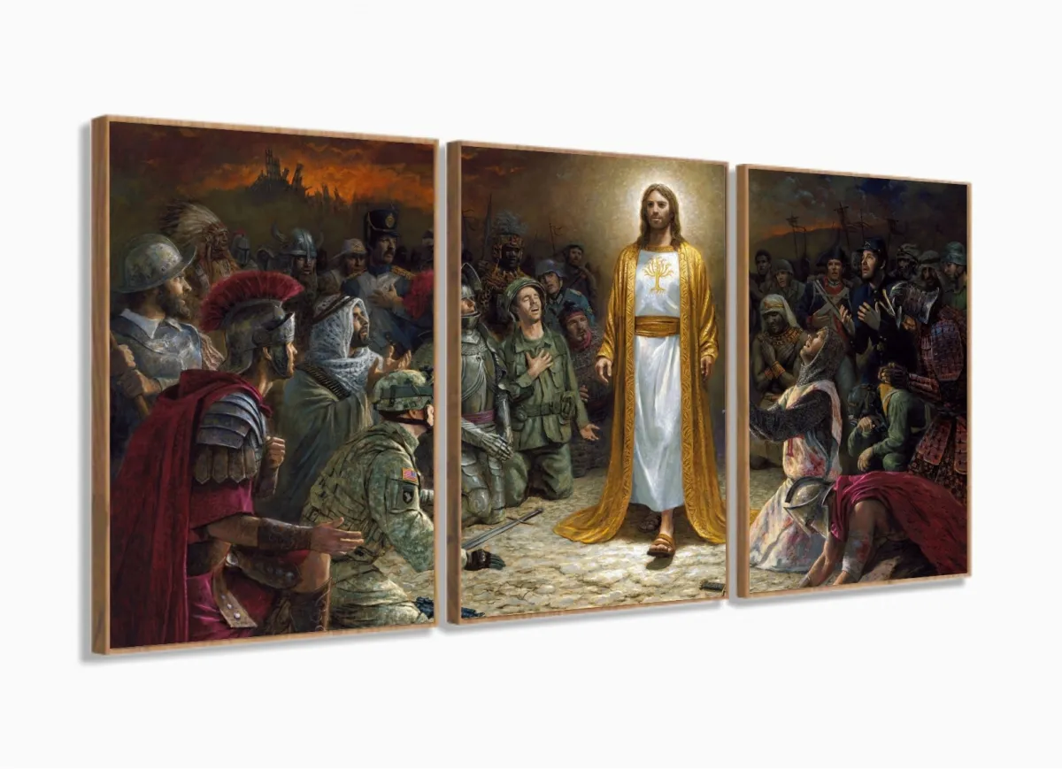Quadro Decorativo Jesus Poder Deus 120x60 3 peças com moldura filete Imagem