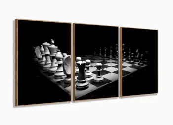 Quadro Decorativo Jogo De Xadrez 120x60 3 peças com moldura filete
