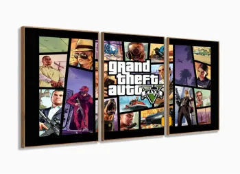 Quadro Decorativo Jogo GTA 5 120x60 3 peças sala quarto com moldura filete
