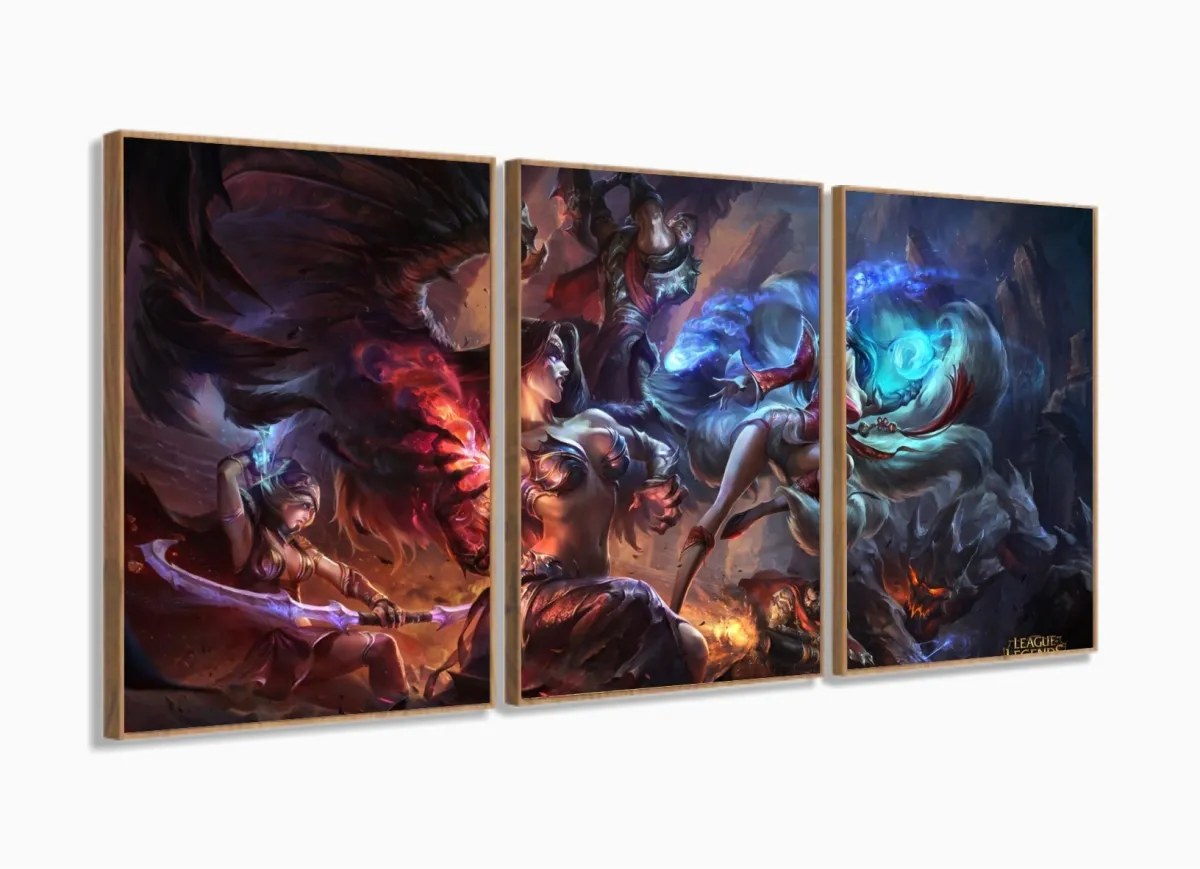 Quadro Decorativo Jogos lol 3 peças 120x60 com moldura filete Imagem