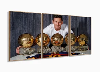 Quadro Decorativo Lionel Messi 3 peças 120x60  cm em tecido com moldura filete