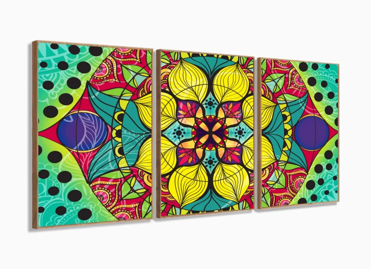 Quadro decorativo Mandala Colorido Mosaico 120x60 3 peças com moldura filete Imagem