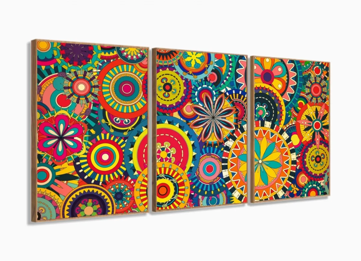 Quadro Decorativo Mandalas Coloridas 120x60 3 pç com moldura filete Imagem
