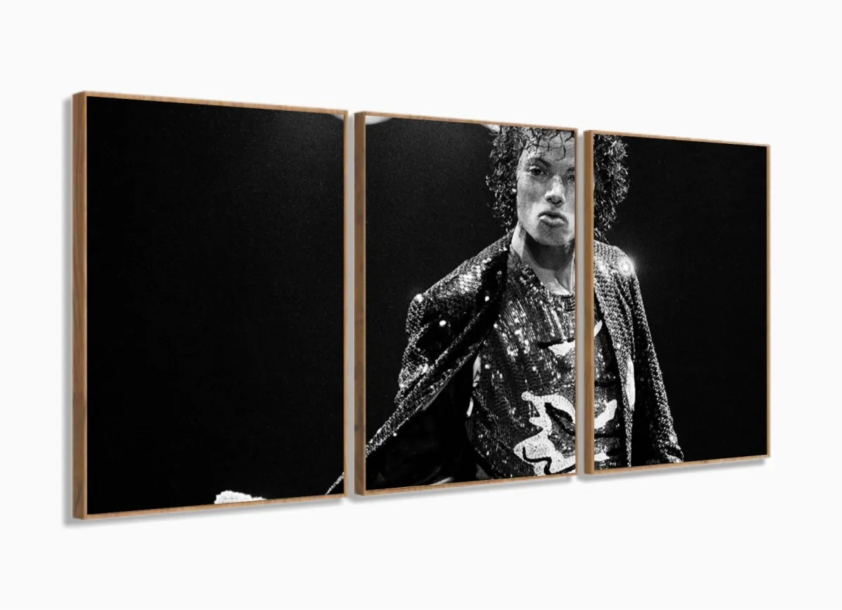 Quadro Decorativo Michael Jackson Sala Em Tecido 3 Peças com moldura filete Imagem