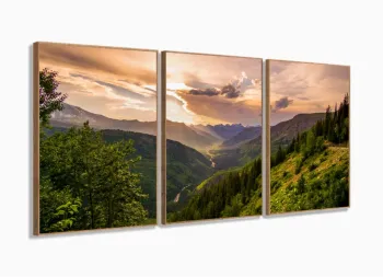 Quadro Decorativo Montanha Raios Solares 120x60  Sala Quarto com moldura filete