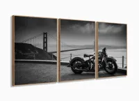 Quadro Decorativo Moto Golden Gate 120x60 3 peças Sala Quarto com moldura filete
