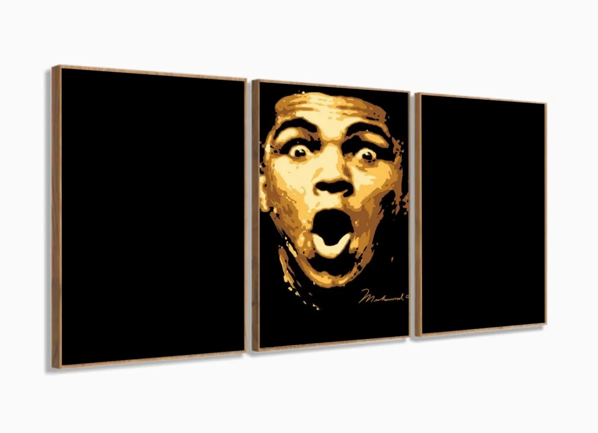 Quadro Decorativo Muhammad Ali Retro Tela Em Tecido 120x60 3 peças com moldura filete Imagem
