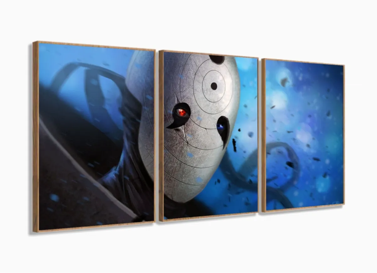 Quadro Decorativo Naruto - Uchiha Obito - Tela Em Tecido 120x60 3 peças com moldura filete Imagem
