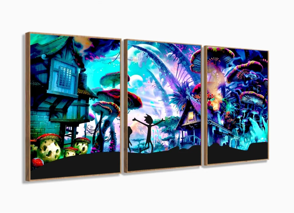 Quadro Decorativo O Mundo De Rick E Morty Em Tecido 120x60 com moldura filete Imagem