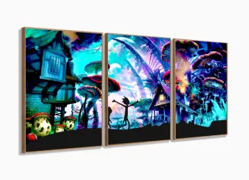 Quadro Decorativo O Mundo De Rick E Morty Em Tecido 120x60 com moldura filete
